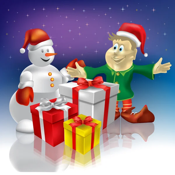 Bonhomme de neige et nain de Noël avec des cadeaux — Image vectorielle