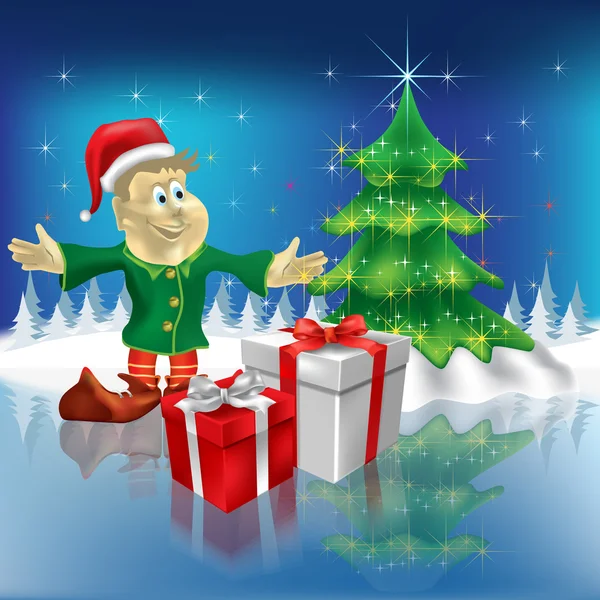 Arbre de Noël et nain avec des cadeaux — Image vectorielle