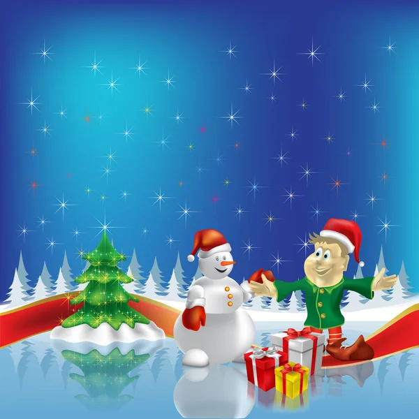 Julgran med dvärg och snögubbe på blå bakgrund — Stock vektor