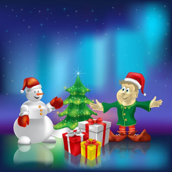 Arbre de Noël cadeaux wiyh sur fond aurore boréale — Image vectorielle
