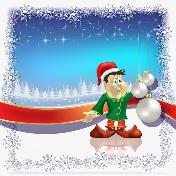 Christmas white balls and dwarf on blue background — Stock Vector