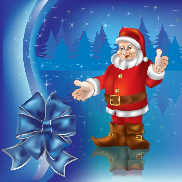 Saludo navideño con Santa Claus en bosque azul — Vector de stock