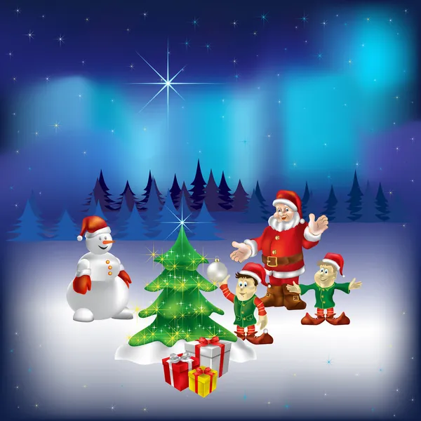 Père Noël bonhomme de neige et nains dans les bois — Image vectorielle