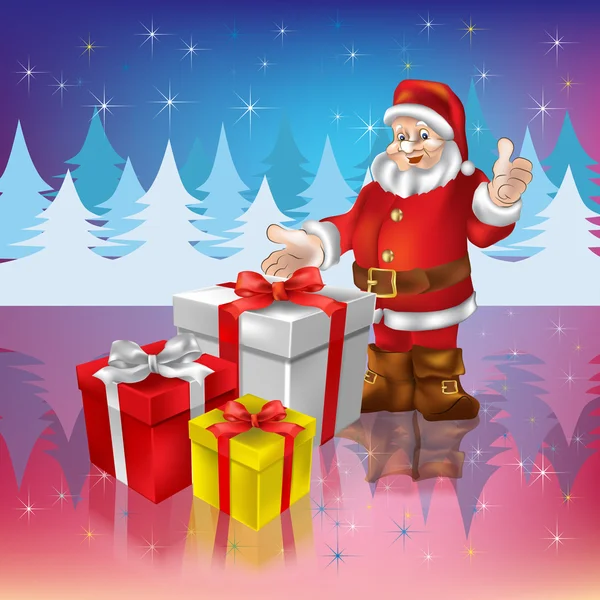 Santa Claus con regalos de Navidad sobre un fondo de bosque — Vector de stock