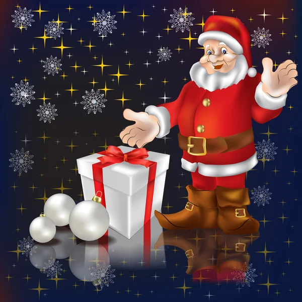 Santa Claus con regalos sobre fondo negro — Vector de stock
