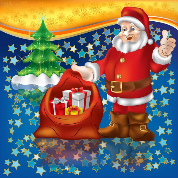 Santa Claus con regalos de Navidad en un fondo de estrellas Ilustración De Stock