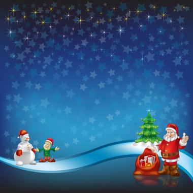 Christmas greeting with Santa Claus on a blue stars background clipart