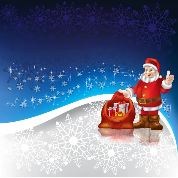Mikulás karácsonyi ajándékokat a hópelyhek háttér — Stock Vector