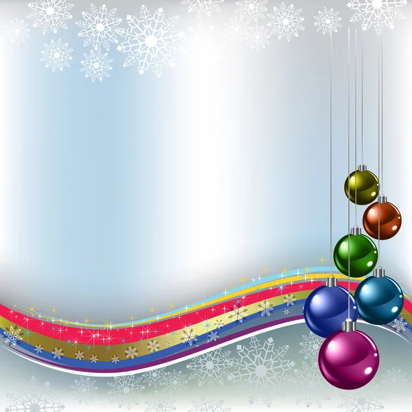 Christmas greeting colored balls on silver background — Stock Vector
