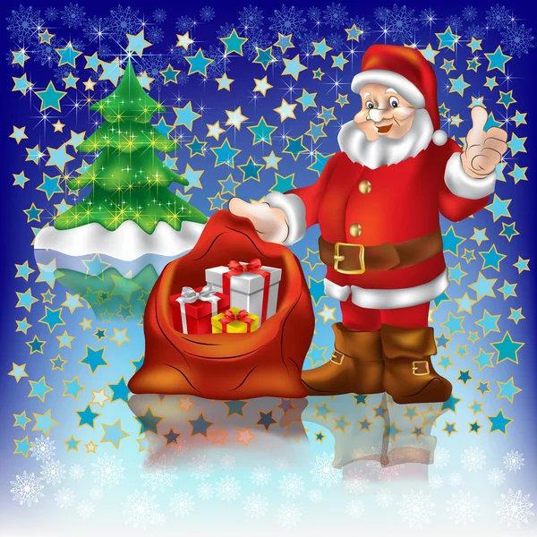 Weihnachtsmann mit Weihnachtsgeschenken auf blauem Sternenhintergrund — Stockvektor
