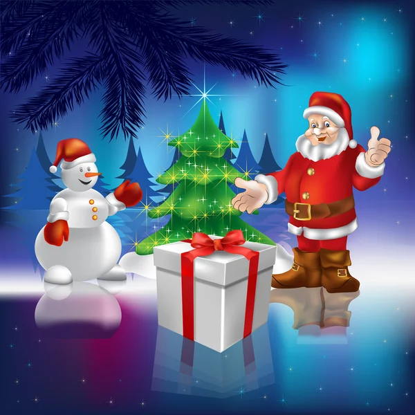 Santa Claus con regalo y muñeco de nieve en el bosque — Vector de stock