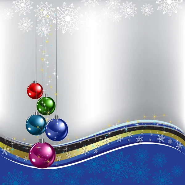 Życzenia bożonarodzeniowe kolorowe kulki na srebrnym tle — Wektor stockowy