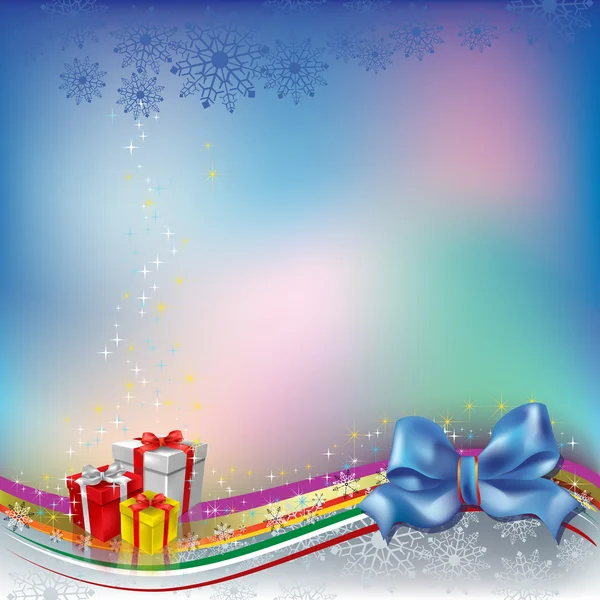 Saludo de Navidad con lazo azul y regalos — Vector de stock
