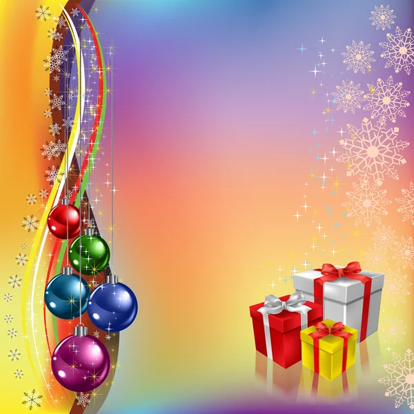 Рождественское поздравление с подарками и цветными шарами — стоковый вектор