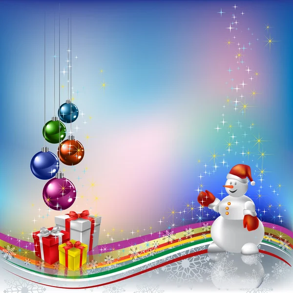 Saluto di Natale con pupazzo di neve e regali su blu — Vettoriale Stock