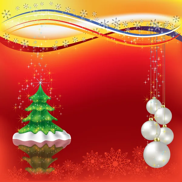 Saluto di Natale con albero e palle di perla su un rosso — Vettoriale Stock