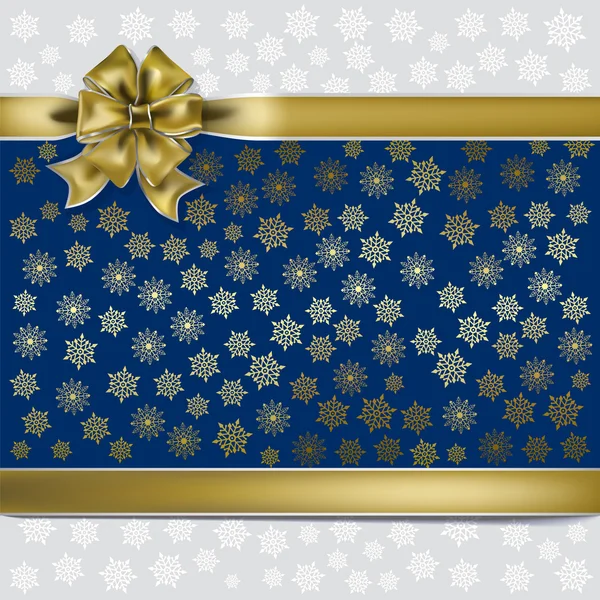 Κορδέλλα δώρων Χριστουγέννων χρυσό σε νιφάδες χιονιού φόντο — Διανυσματικό Αρχείο