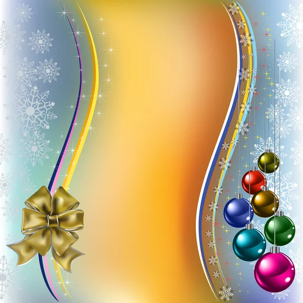 Christmas greeting colored balls with gold bow and ribbons — Stock Vector