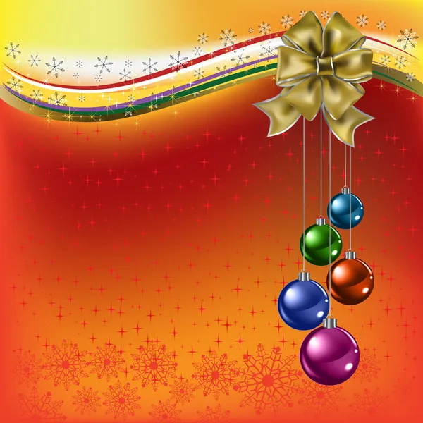 Vánoční pozdrav zlatý luk s barevnými kuličkami na červené poz — Stockový vektor