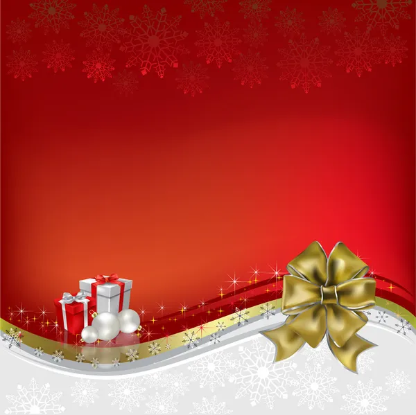Χριστούγεννα χαιρετισμό χρυσό τόξο με δώρα στο κόκκινο — Διανυσματικό Αρχείο
