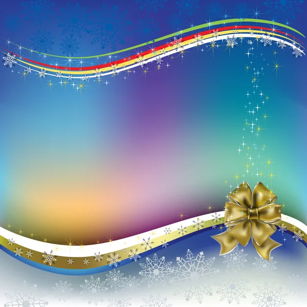 रंगीन पृष्ठभूमि पर रिबन के साथ क्रिसमस ग्रीटिंग गोल्ड धनुष — स्टॉक वेक्टर