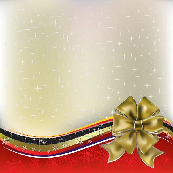 Christmas greeting gold bow with ribbons on red — Stock Vector