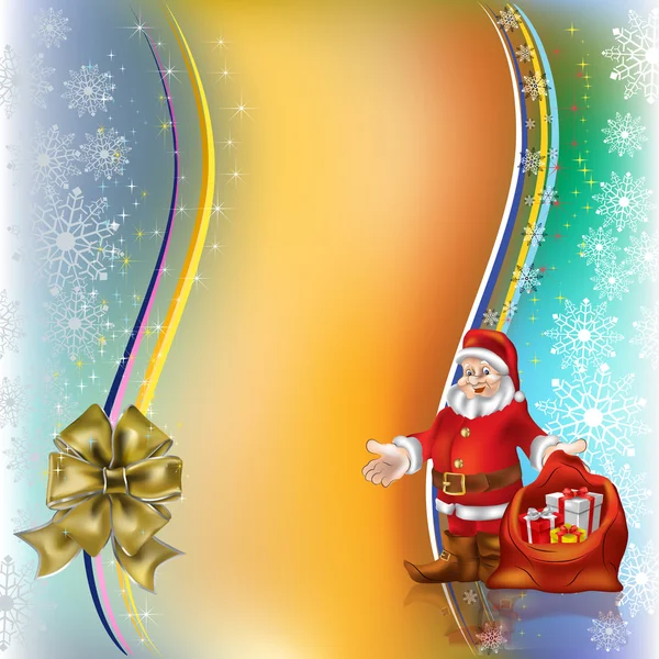 Weihnachtsgruß Weihnachtsmann mit Geschenken und Goldschleife — Stockvektor