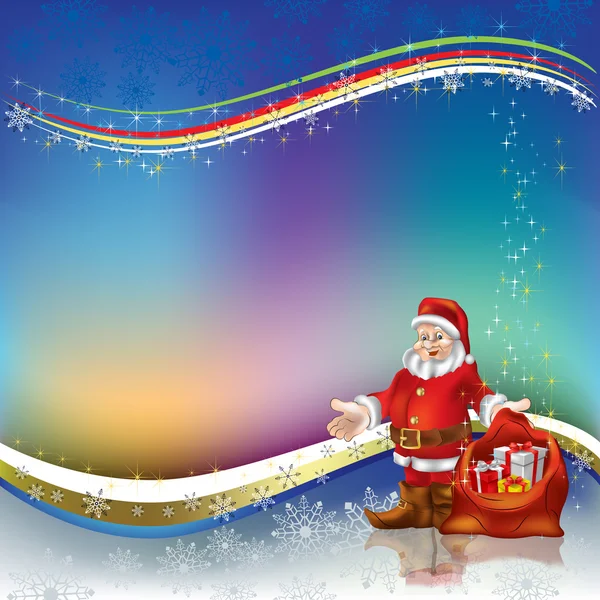 Christmas greeting Santa Claus with gifts on a colored backgroun — Stock Vector