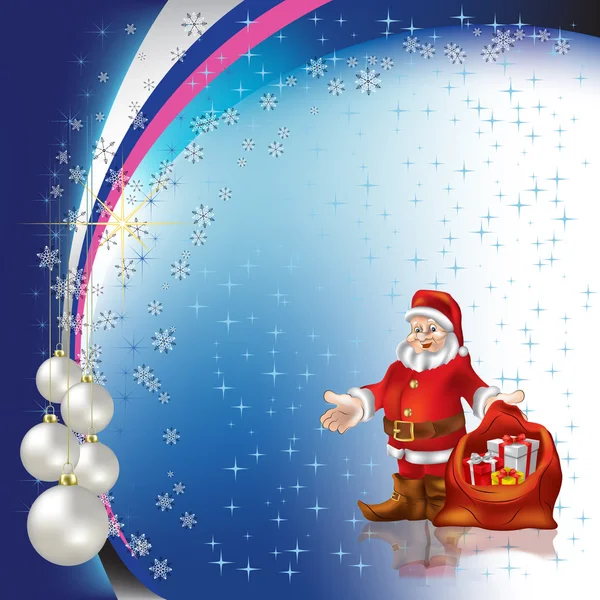Weihnachtsgruß Weihnachtsmann mit Perlenkugeln auf Sternen — Stockvektor