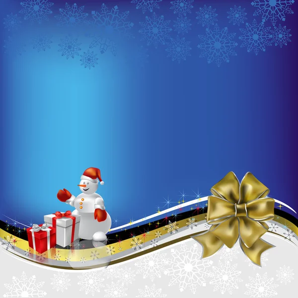 Vánoční pozdrav sněhulák s dary a luk na modrém pozadí — Stockový vektor
