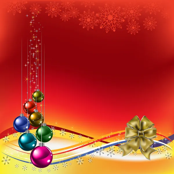 Рождественское приветствие с золотым луком и шариками на красном — стоковый вектор