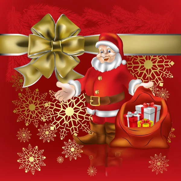 Санта-Клаус с рождественскими подарками на красном фоне — стоковый вектор