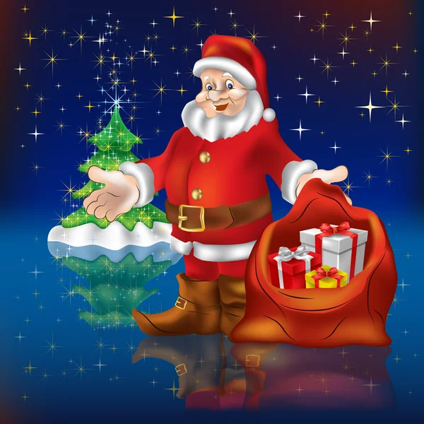Père Noël avec cadeaux et sapin de Noël — Image vectorielle