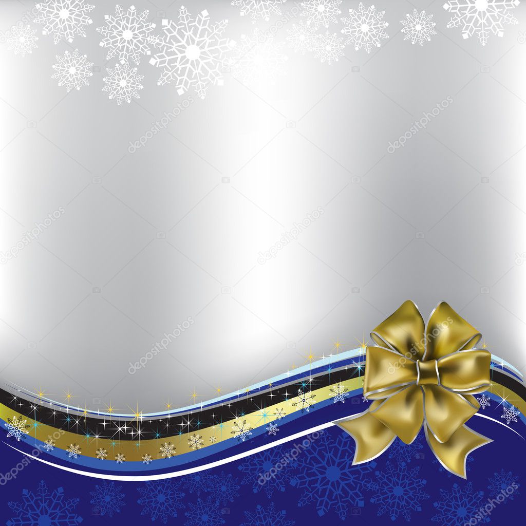 Christmas greeting gold bow with ribbon on silver background