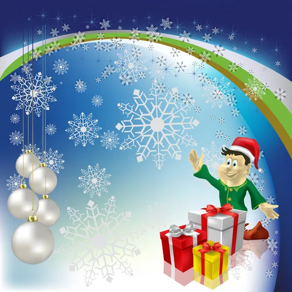 Enano de saludo navideño con regalos y bolas — Vector de stock