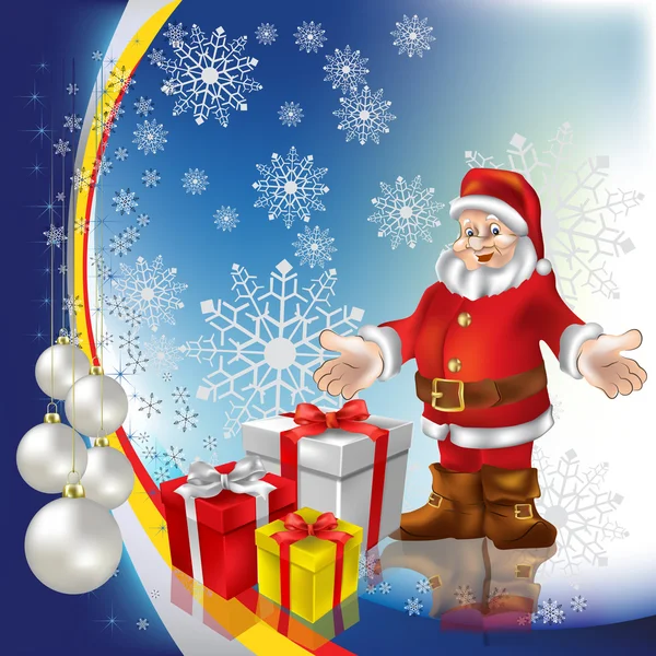 Jul hälsning jultomten med gåvor och bollar — Stock vektor