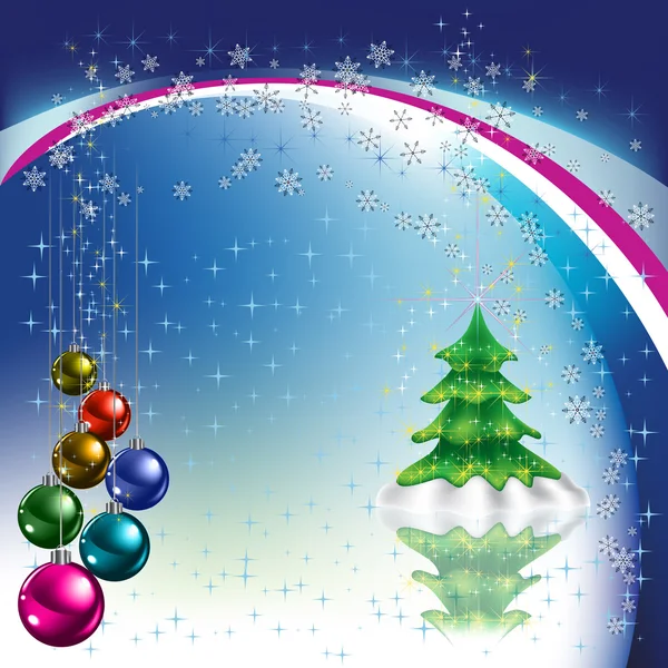 Christmas tree with balls on blue background — Stock Vector