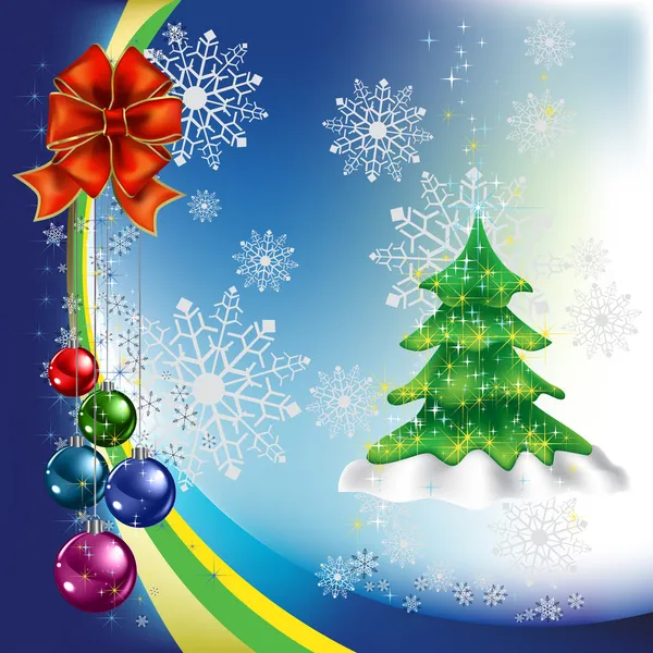 Vánoční strom s barevnými kuličkami na modrém pozadí — Stockový vektor