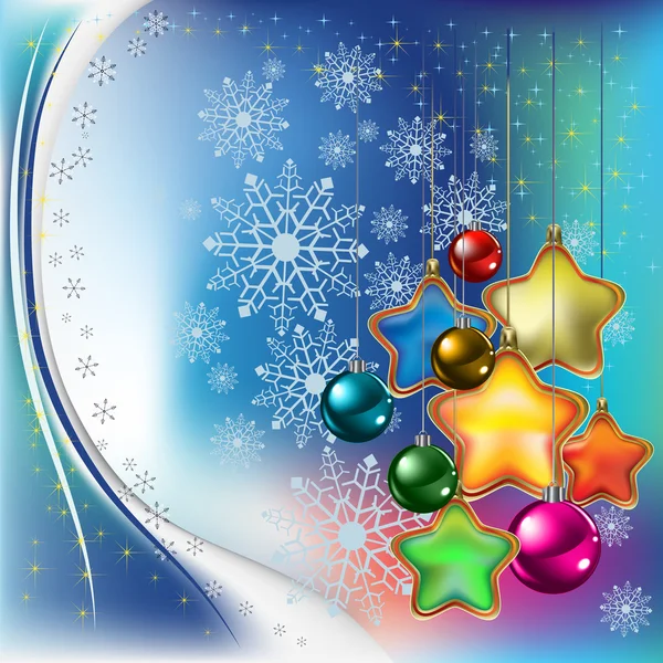 Abstract christmas background with colored stars and balls — Stock Vector