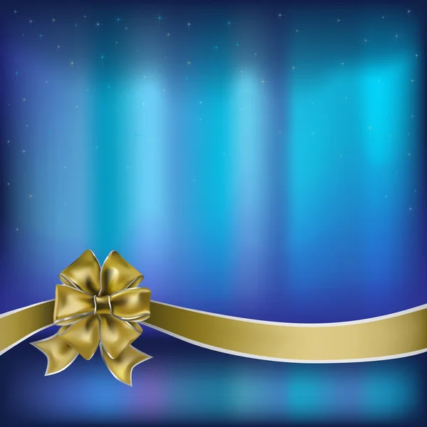 Χριστούγεννα χαιρετισμό χρυσό τόξο με κορδέλα σε μπλε φόντο — Διανυσματικό Αρχείο