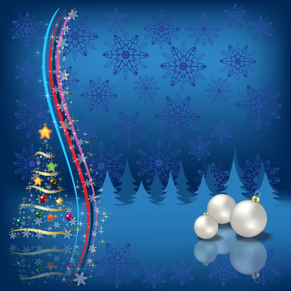 Weihnachtsbaum mit Kugeln auf blauem Schneeflocken-Hintergrund — Stockvektor