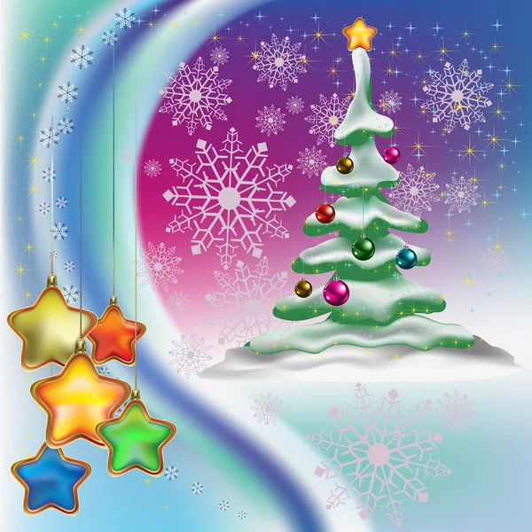 Χριστουγεννιάτικο δέντρο με χρωματιστές μπάλες και αστέρια — Διανυσματικό Αρχείο