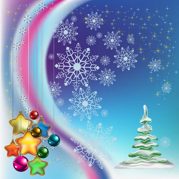 Χριστουγεννιάτικο δέντρο με χρωματιστά αστέρια και μπάλες — Διανυσματικό Αρχείο