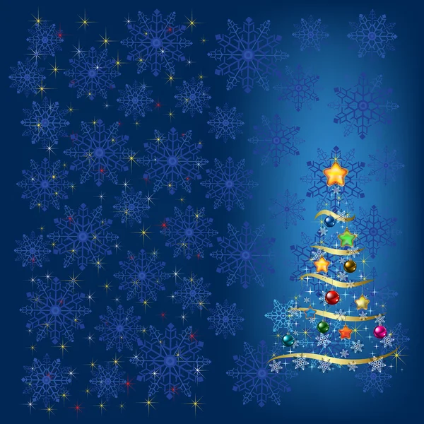 Χριστουγεννιάτικο δέντρο με διακόσμηση και μπλε νιφάδες χιονιού — Διανυσματικό Αρχείο