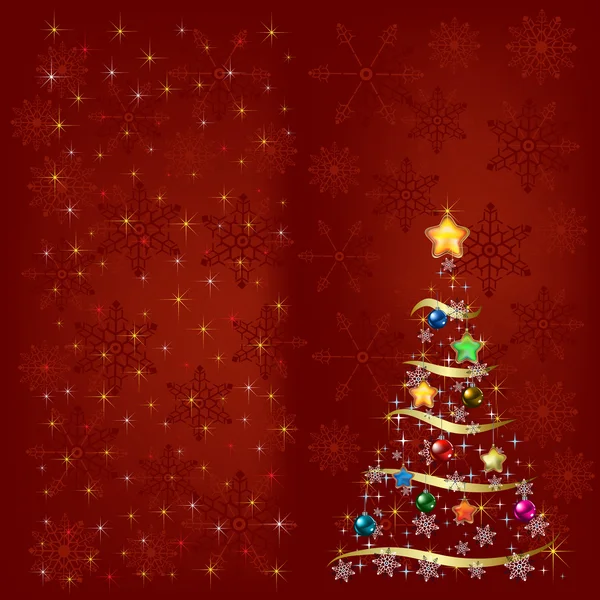 Kerstboom met decoratie en sneeuwvlokken — Stockvector