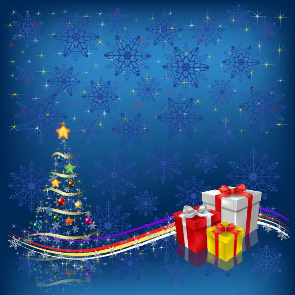 Kerstboom met geschenken op blauwe sneeuwvlokken achtergrond — Stockvector