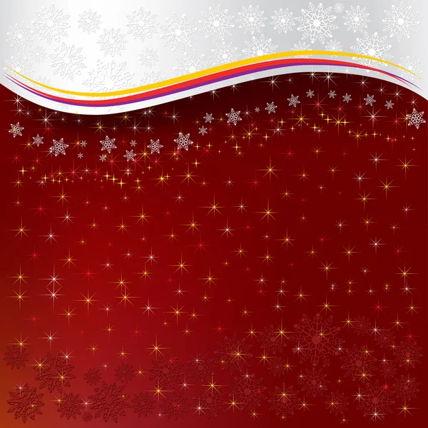 Abstrato Natal fundo vermelho flocos de neve com estrelas — Vetor de Stock