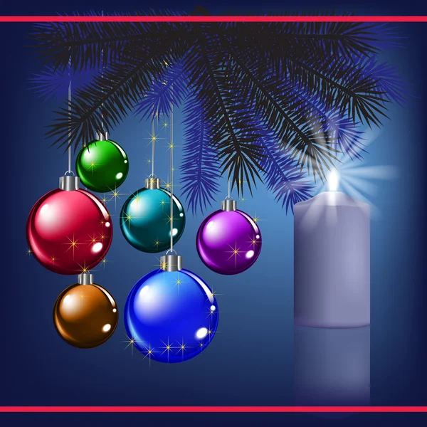 Jul hälsning med dekoration och blått ljus — Stock vektor