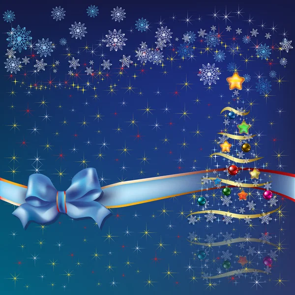 Árbol de Navidad con cinta azul y lazo — Vector de stock