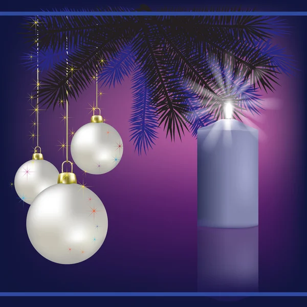 Życzenia bożonarodzeniowe z dekoracją i płonącą świecą — Wektor stockowy